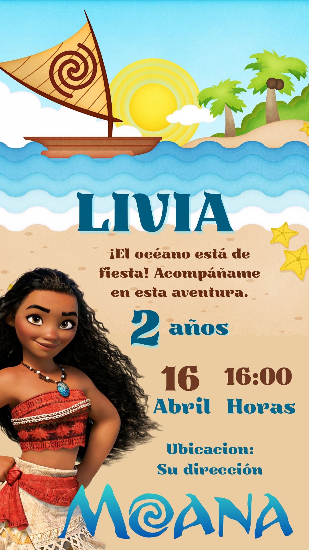Invitación Cumpleaños Moana – Editable en Canva